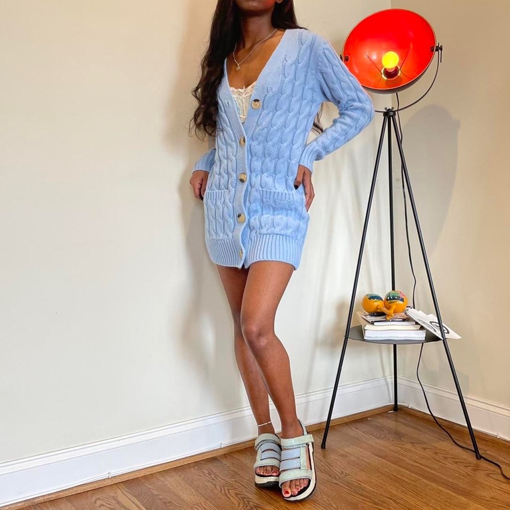 Baby blue knit cardigan/ dress.